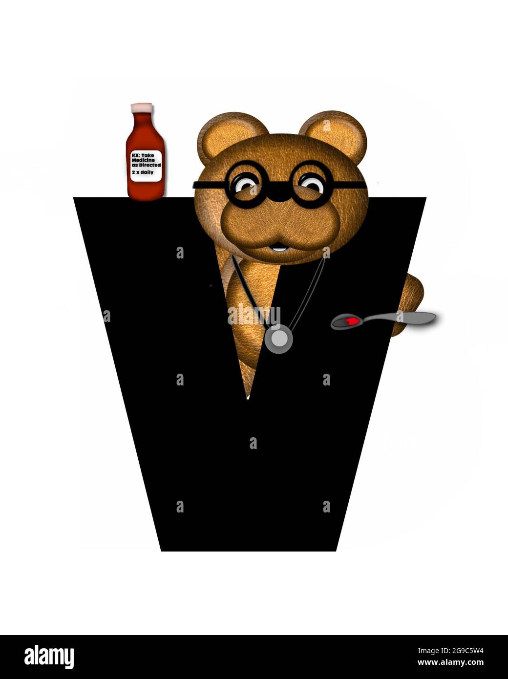 La lettre V, dans l'alphabet « Teddy Doctor Visit », est noire. L'ours en peluche portant un stéthoscope et des lunettes décorent la lettre avec d'autres medi Banque D'Images