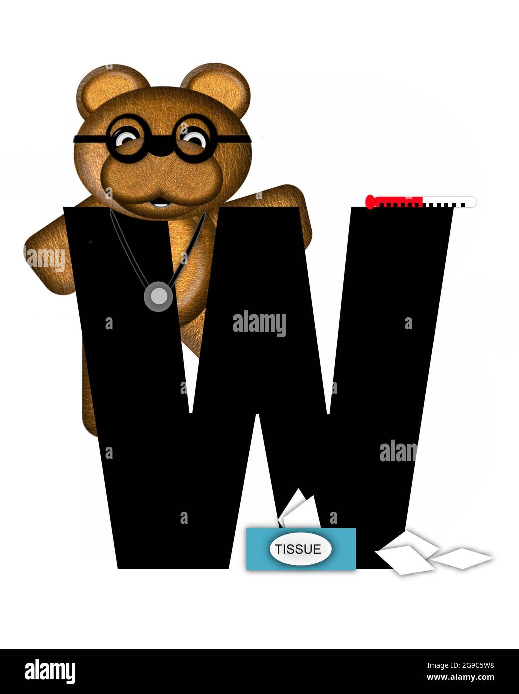 La lettre W, dans l'alphabet « Teddy Doctor Visit », est noire. L'ours en peluche portant un stéthoscope et des lunettes décorent la lettre avec d'autres medi Banque D'Images