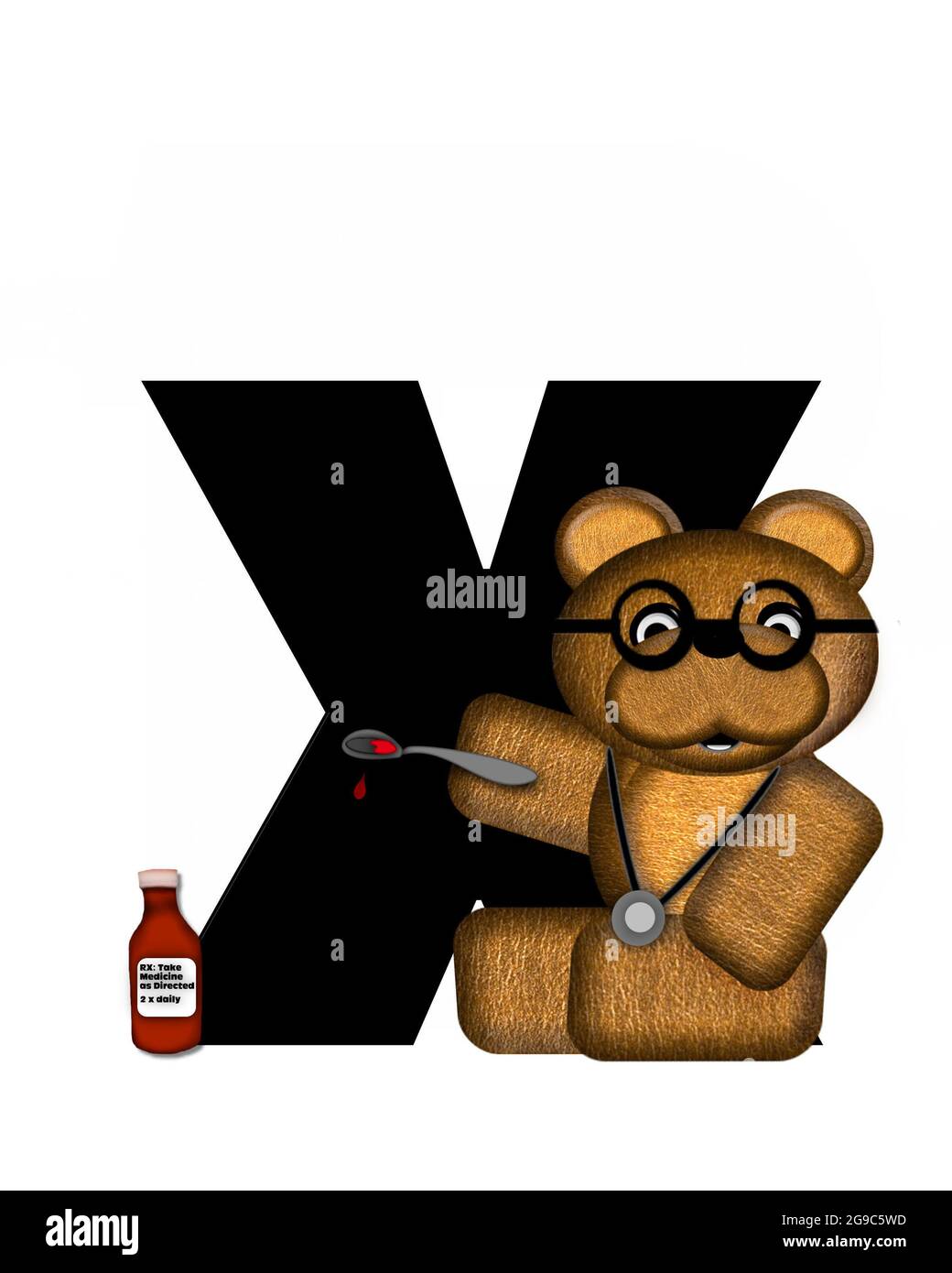 La lettre X, dans l'alphabet « Teddy Doctor Visit », est noire. L'ours en peluche portant un stéthoscope et des lunettes décorent la lettre avec d'autres medi Banque D'Images