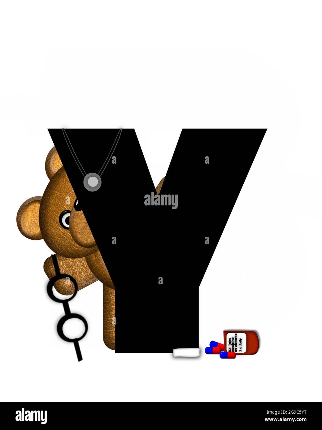 La lettre y, dans l'alphabet « Teddy Doctor Visit », est noire. L'ours en peluche portant un stéthoscope et des lunettes décorent la lettre avec d'autres medi Banque D'Images