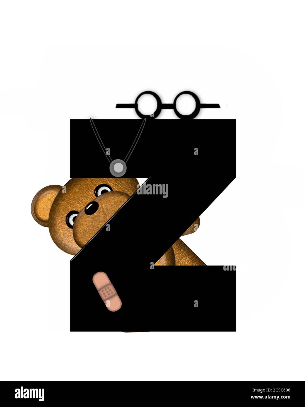 La lettre Z, dans l'alphabet « Teddy Doctor Visit », est noire. L'ours en peluche portant un stéthoscope et des lunettes décorent la lettre avec d'autres medi Banque D'Images