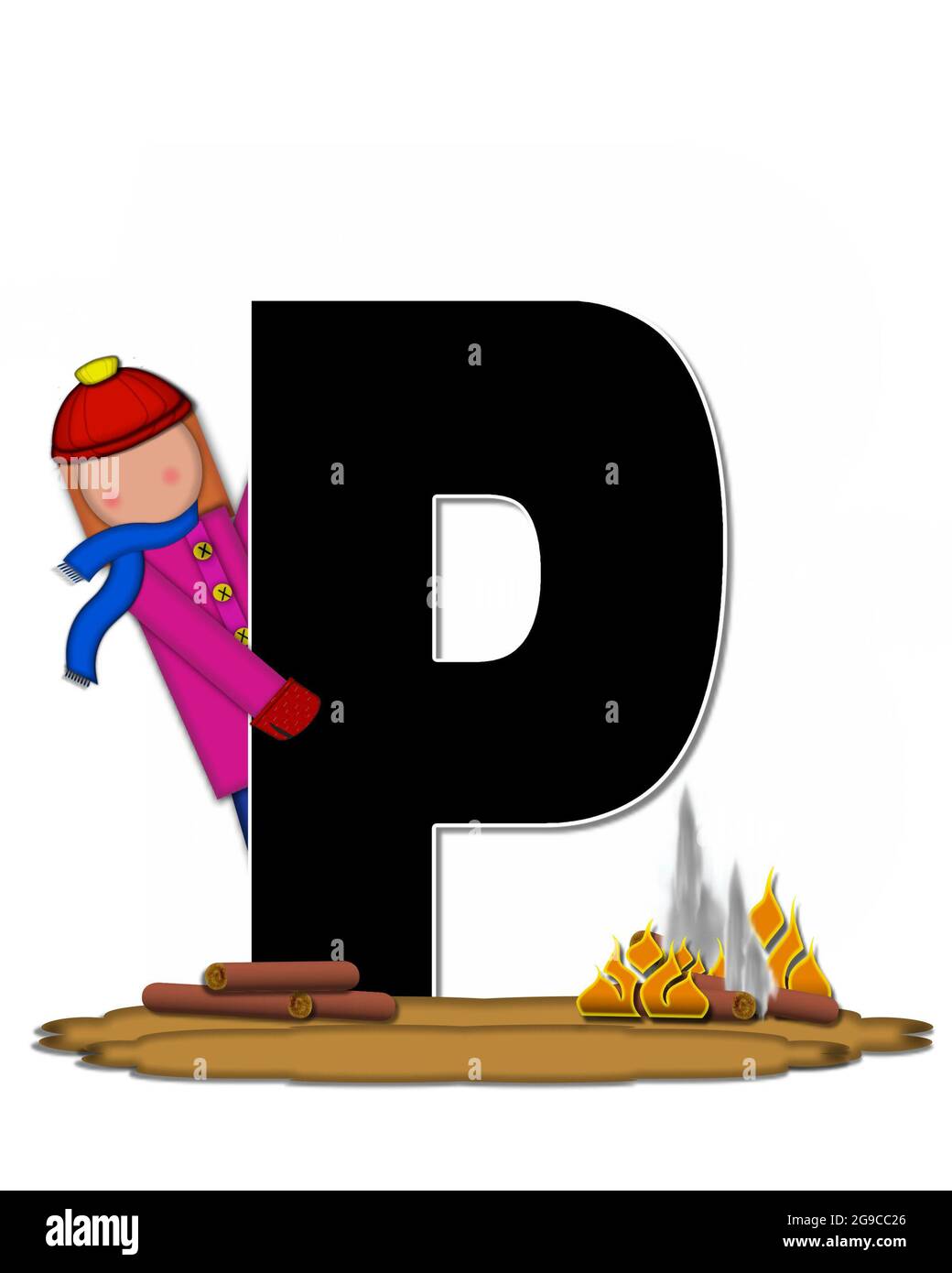 La lettre P, dans l'ensemble de l'alphabet 'Children Camp Fire', est noire  et entourée de blanc. Les enfants sont vêtus de bonnet, de foulard et de  mitaines et à leur Photo Stock -
