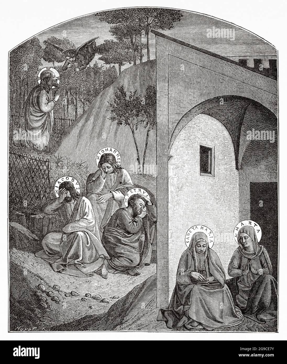 L'agonie dans le jardin. L'agonie de Jésus-Christ à Gethsemane, les apôtres dorment, Martha et la Vierge Marie regardent et prient. Fresque de FRA Angelico du couvent de San Marcos Florence du XVe siècle. Ancienne illustration gravée du XIXe siècle de Jésus-Christ par Veuillot 1881 Banque D'Images