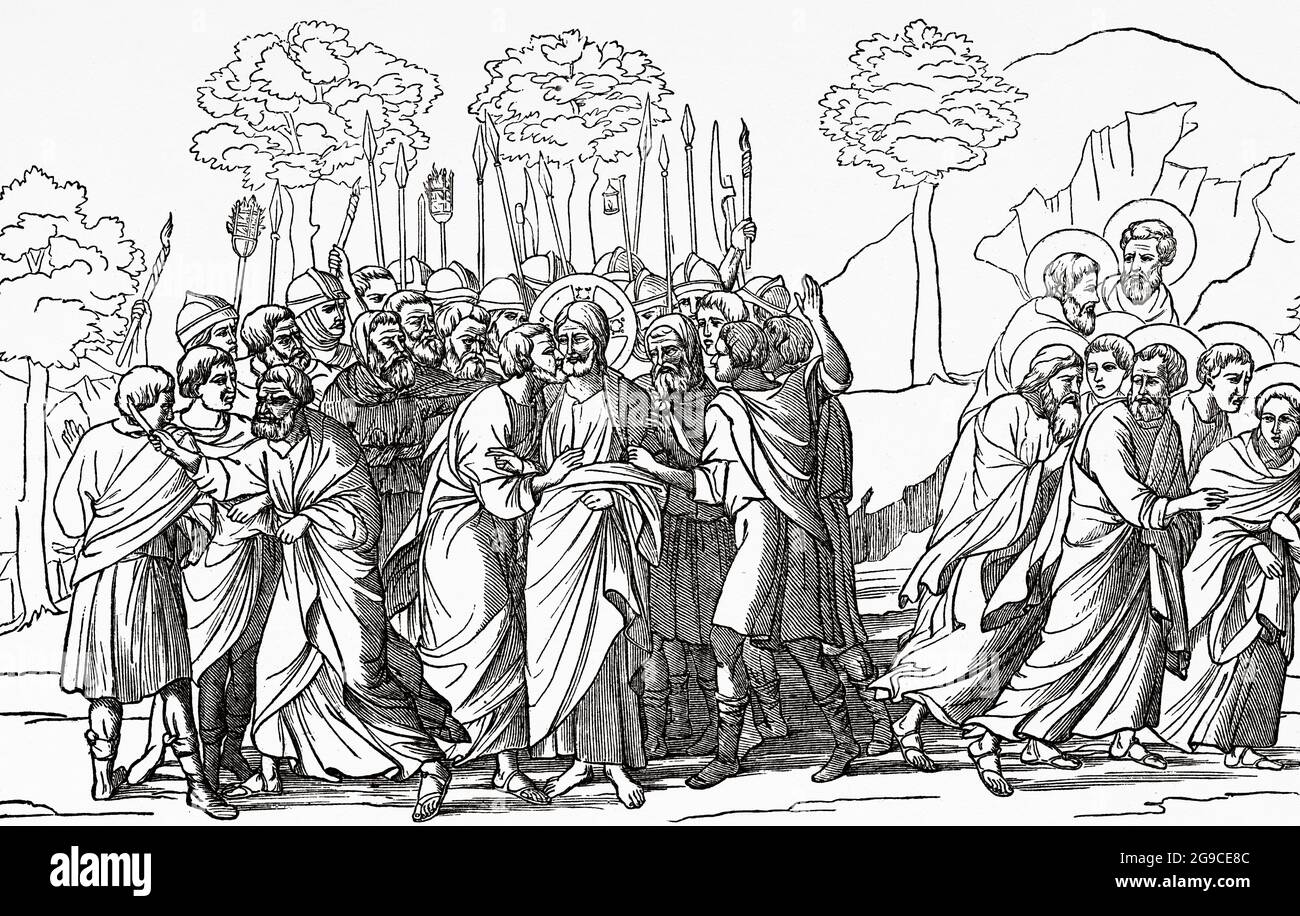 L'arrestation de Christ. Judas donnant à Jésus un baiser dans le jardin de Gethsemene. Ancienne illustration gravée du XIXe siècle de Jésus-Christ par Veuillot 1881 Banque D'Images