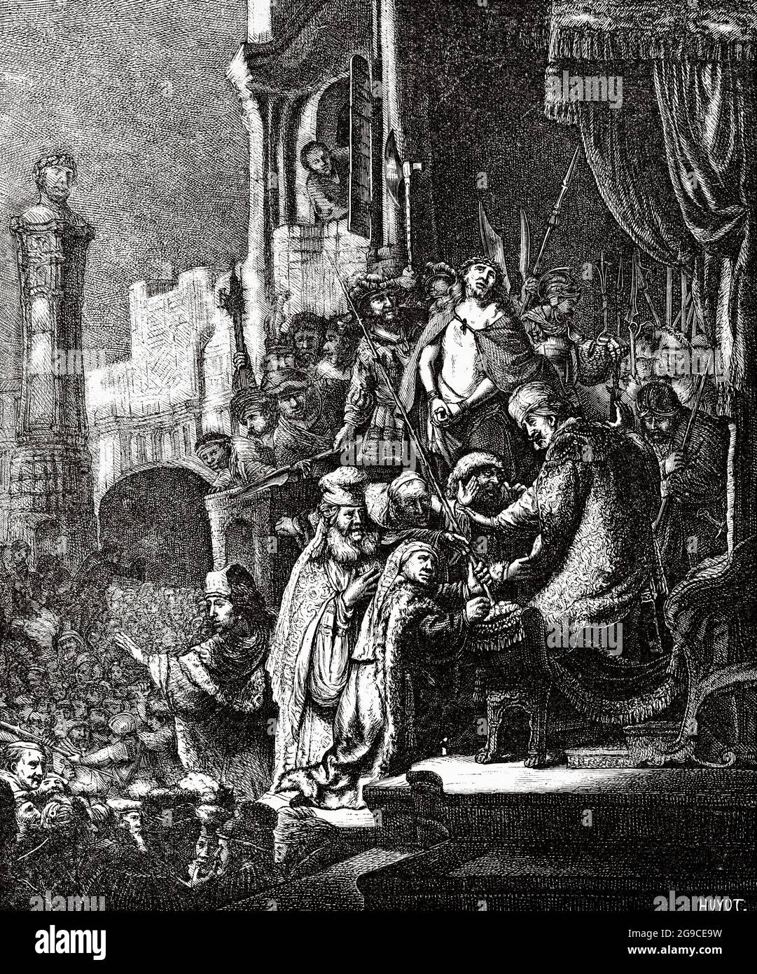 Jésus avant Pilate. Ancienne illustration gravée du XIXe siècle de Jésus-Christ par Veuillot 1881 Banque D'Images