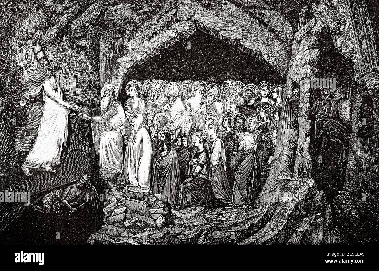 Passion de Jésus-Christ. La descente dans Limbo. Ancienne illustration gravée du XIXe siècle de Jésus-Christ par Veuillot 1881 Banque D'Images