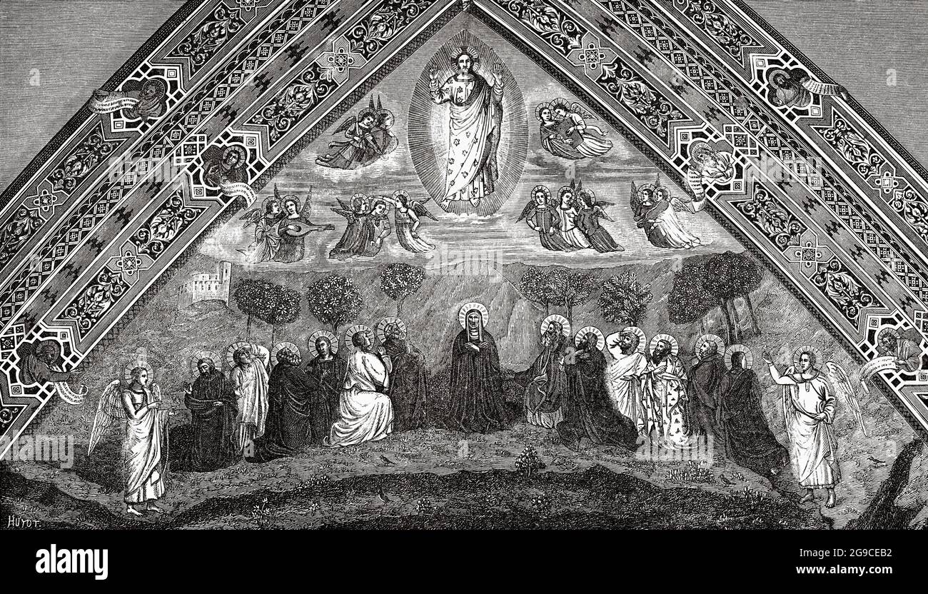 L'ascension du Christ. Notre Seigneur Jésus, fils de Dieu, monte dans les cieux devant les apôtres. Luke livre, Nouveau Testament Histoire biblique sacrée. Ancienne illustration gravée du XIXe siècle de Jésus-Christ par Veuillot 1881 Banque D'Images