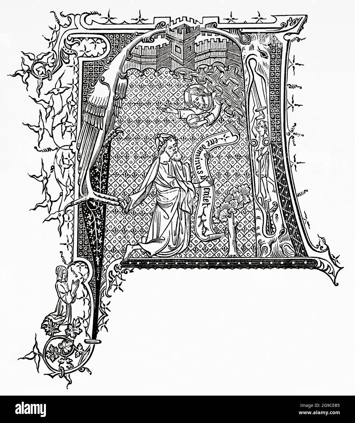 Lettre majuscule initiale A, XIVe siècle. Ancienne illustration gravée du XIXe siècle de Jésus-Christ par Veuillot 1881 Banque D'Images