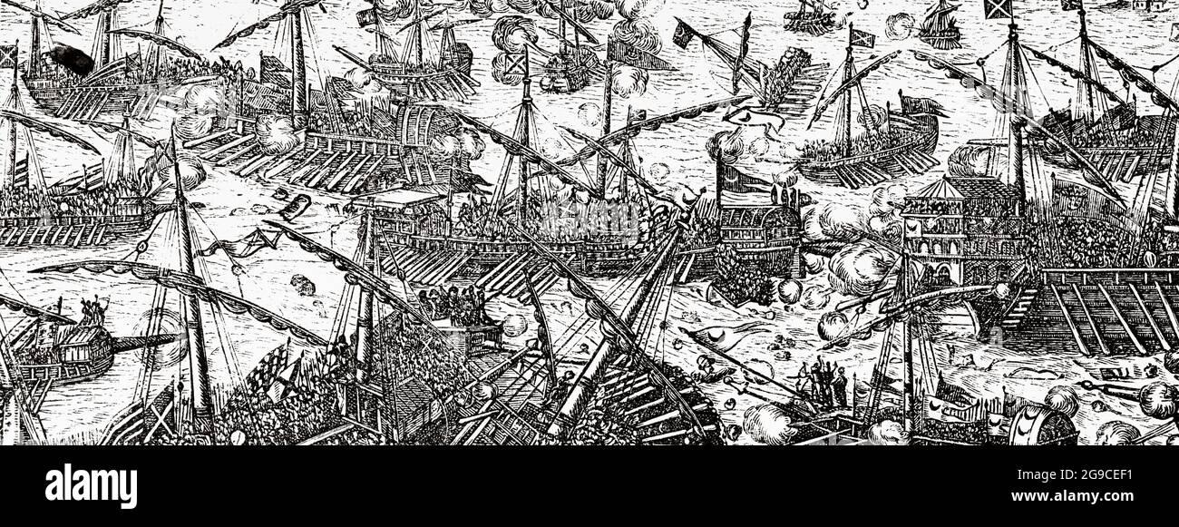 Bataille de Lepanto. Ancienne illustration gravée du XIXe siècle de Jésus-Christ par Veuillot 1881 Banque D'Images