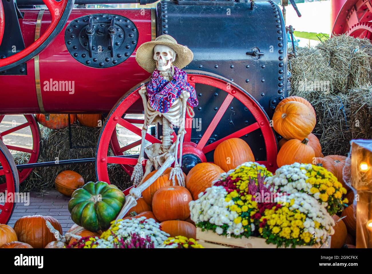 squelette d'halloween. Un squelette porte un chapeau de paille, une décoration d'Halloween. Placer pour le texte Banque D'Images