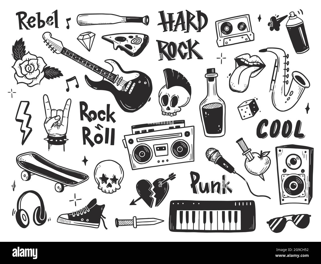 Rock n roll, jeu de doodle de musique punk. Graffiti, tatouage autocollant, texte, crâne, coeur, skate, geste de la main. Illustration du vecteur de roche de grunge. Illustration de Vecteur