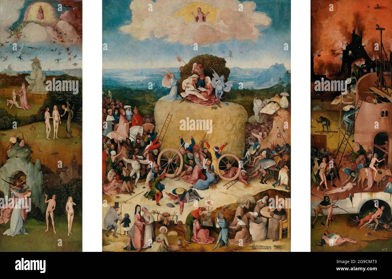 Titre: The Haywain triptych Créateur: Hieronymus Bosch Date: 1512 - 1515 Moyen: Huile sur bois Dimensions: 135 × 100, 135 × 42 cm emplacement: Museo del Prado, Madrid, Espagne Banque D'Images