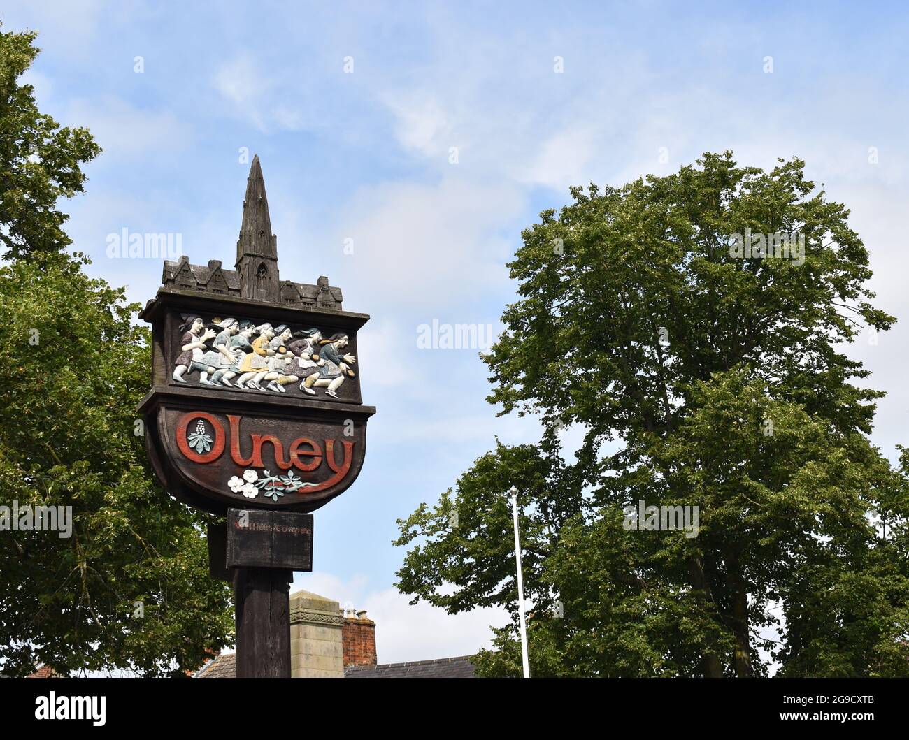 Panneau Olney Town sur la place du marché. Banque D'Images
