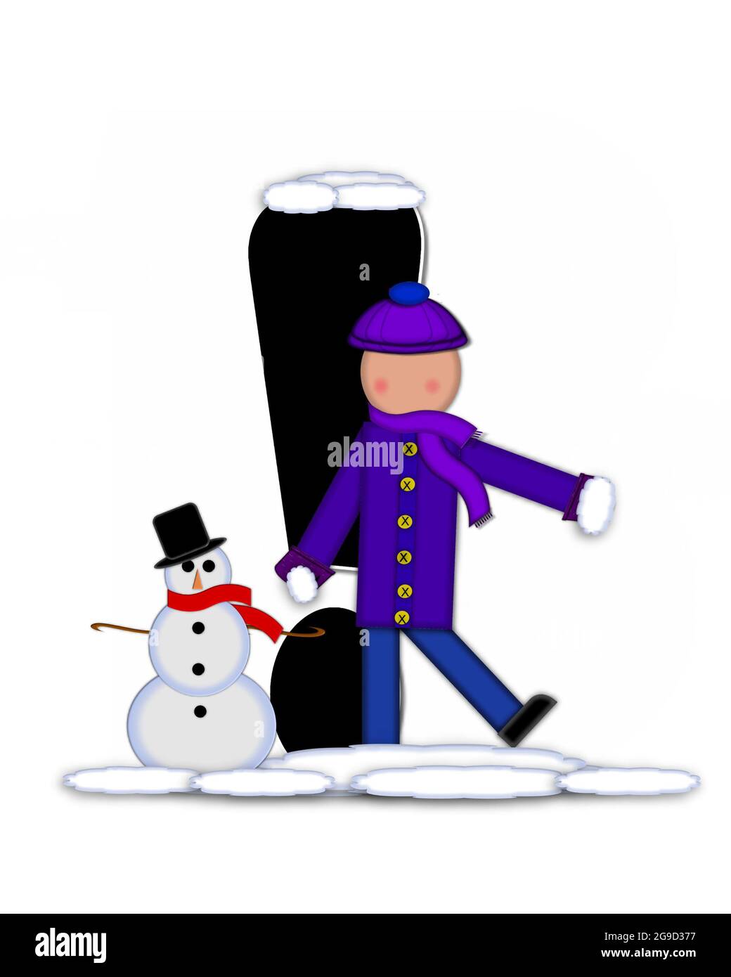 Le point d'exclamation dans l'ensemble d'alphabet 'Children Building  Snowman' est noir et est souligné de blanc. Porte-enfants portant un  chapeau, une écharpe et des moufles, des poignées Photo Stock - Alamy