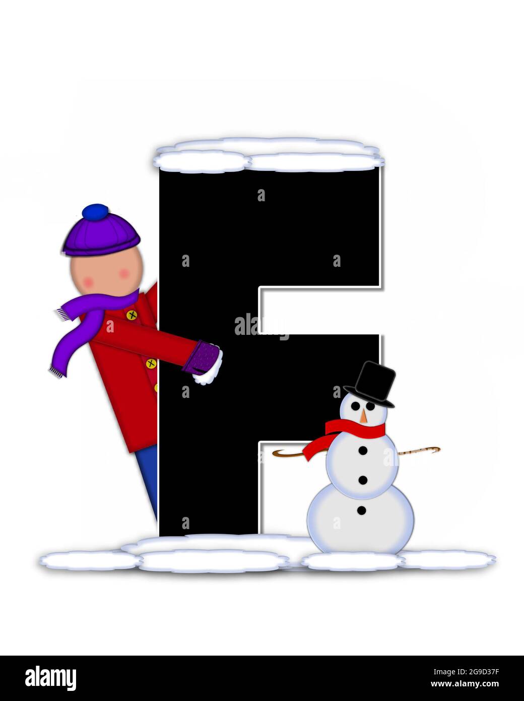 La lettre F, dans l'ensemble de l'alphabet 'Children Building Snowman', est  noire et entourée de blanc. Garde-enfants avec bonnet, écharpe et moufles,  tient le sno Photo Stock - Alamy