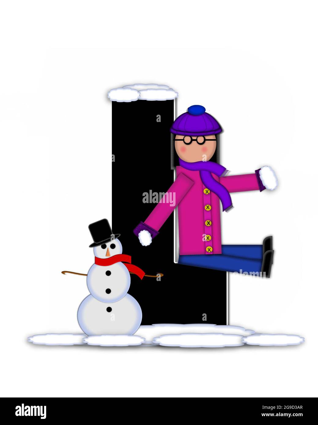 La lettre L, dans l'ensemble d'alphabet 'Children Building Snowman', est  noire et entourée de blanc. Garde-enfants avec bonnet, écharpe et moufles,  tient le sno Photo Stock - Alamy