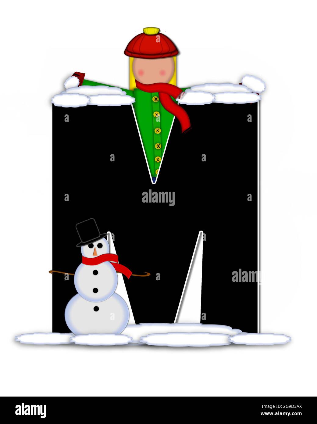 La lettre M, dans l'ensemble de l'alphabet 'Children Building Snowman', est  noire et entourée de blanc. Garde-enfants avec bonnet, écharpe et moufles,  tient le sno Photo Stock - Alamy