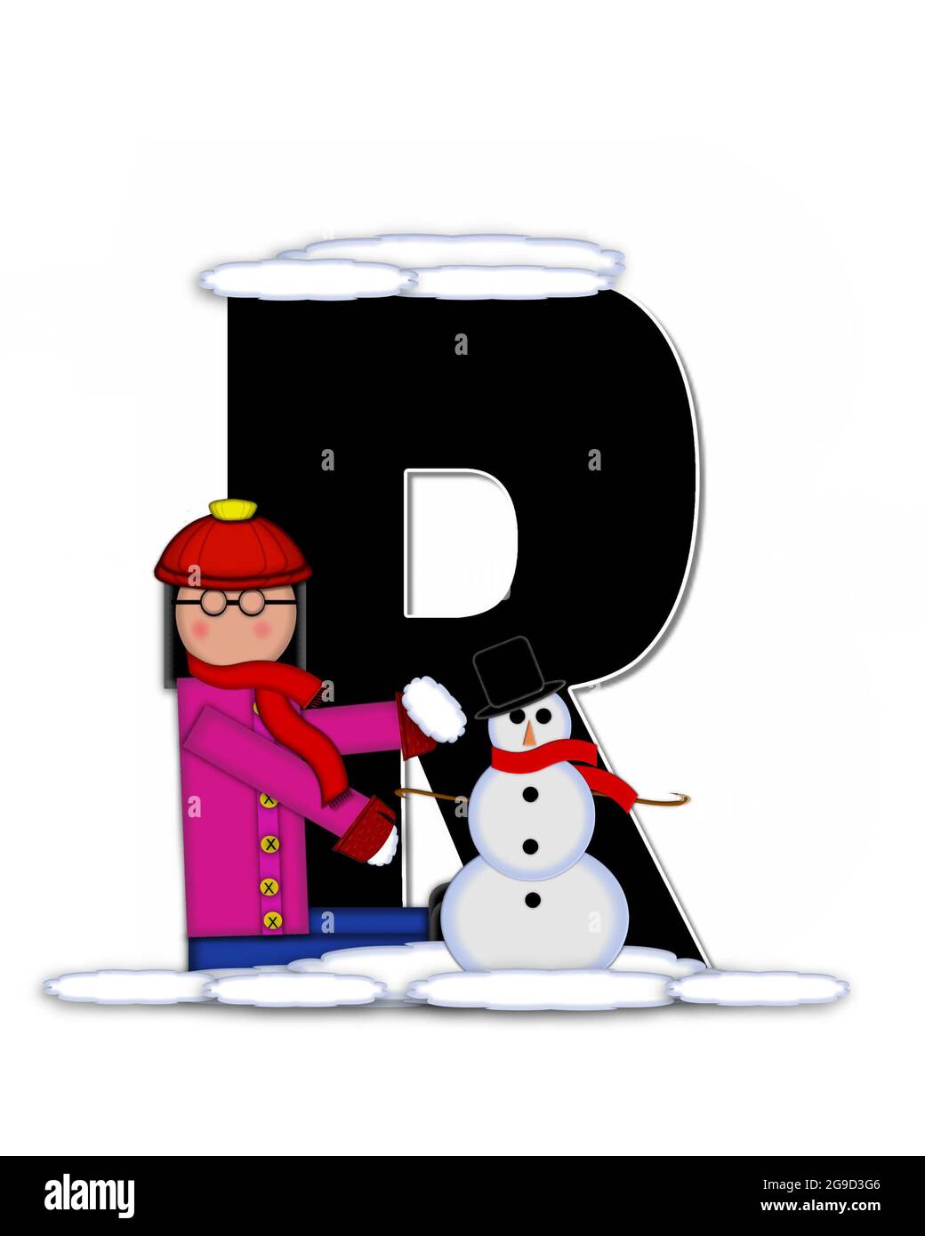 La lettre R, dans l'ensemble de l'alphabet 'Children Building Snowman', est  noire et entourée de blanc. Garde-enfants avec bonnet, écharpe et moufles,  tient le sno Photo Stock - Alamy