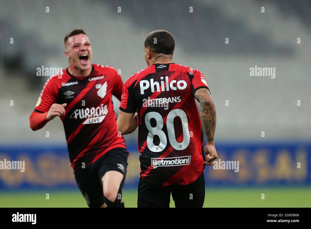 25 juillet 2021 ; Curitiba, Paraná, Brésil. Le football brésilien A-League, Athletico versus Internacional; David Terans d'Athletico célèbre son but lors du match entre Athletico et Internacional, pour le 13ème tour du championnat brésilien Serie A 2021 à Arena da Baixada Banque D'Images