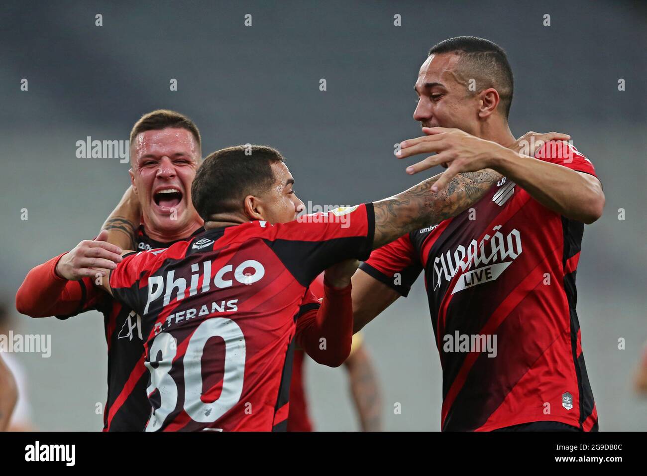 25 juillet 2021 ; Curitiba, Paraná, Brésil. Le football brésilien A-League, Athletico versus Internacional; David Terans d'Athletico célèbre son but lors du match entre Athletico et Internacional, pour le 13ème tour du championnat brésilien Serie A 2021 à Arena da Baixada Banque D'Images