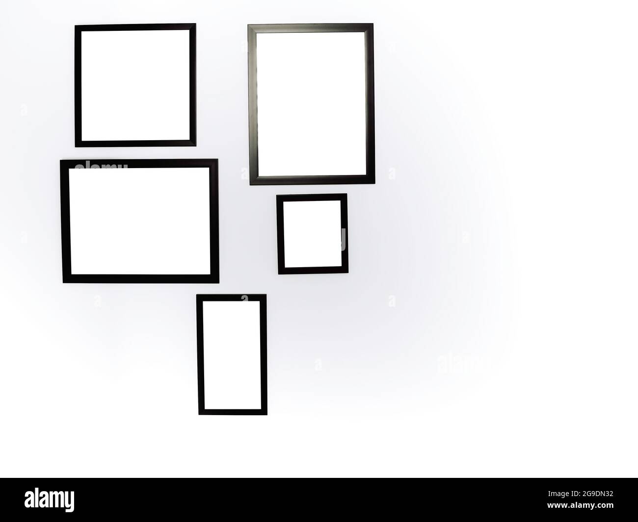 Groupe de cadres photo de maquette. Image carrée blanche avec maquette de cadre noire accrochée à l'arrière-plan du mur blanc avec espace de copie. Banque D'Images