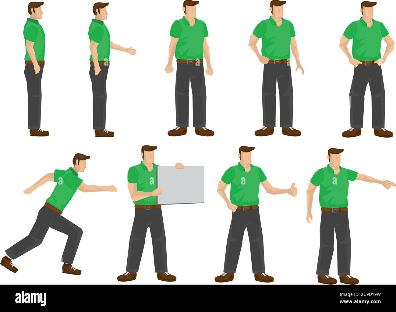 Ensemble d'homme en tenue verte dans différentes poses et action. Illustration vectorielle isolée. Illustration de Vecteur