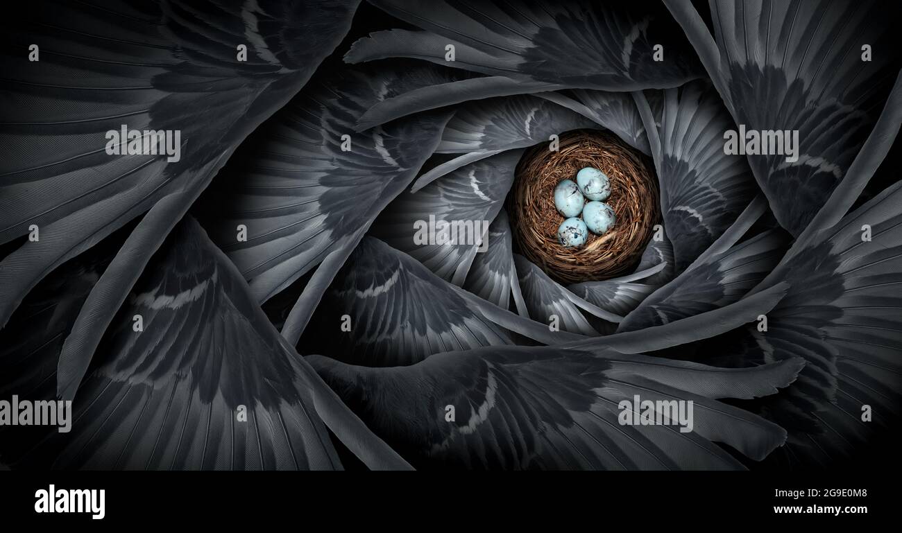 Concept de protection et de soutien à la sécurité collective idée ou symbole de sécurité sociale comme ailes d'oiseau parent protégeant une famille d'oeufs fragiles représentant. Banque D'Images
