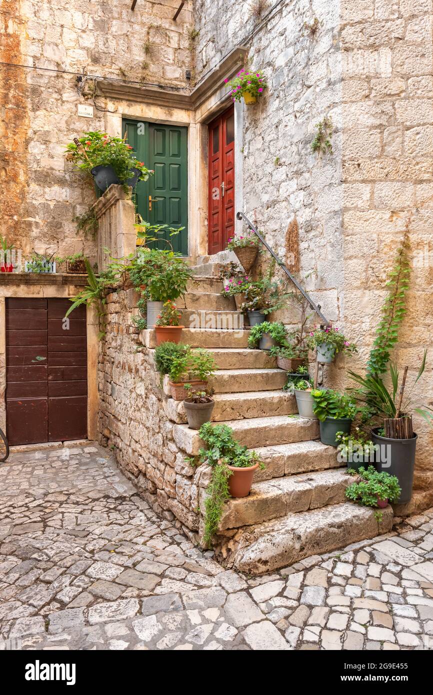 Rue pittoresque de la ville de Trogir avec pots de fleurs et frais blanchisserie Banque D'Images