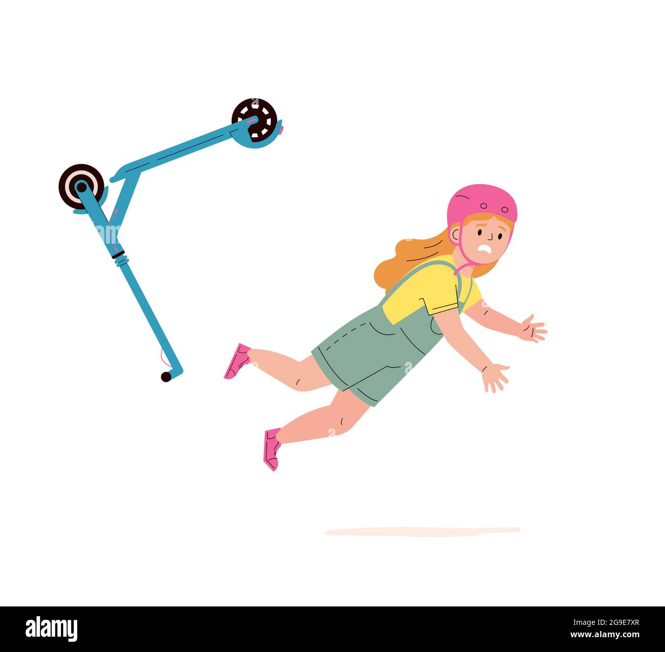 Une petite fille dans un casque tombe du scooter. Illustration de Vecteur