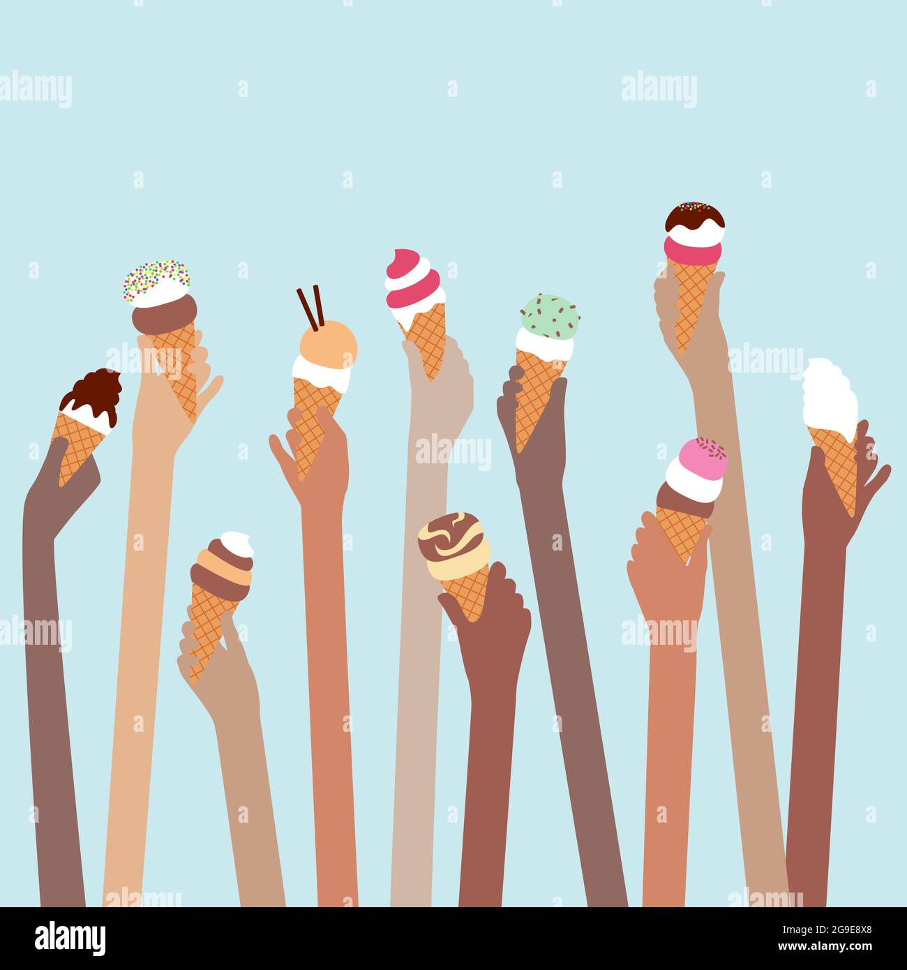 Groupe de personnes multiethniques avec des saveurs variées de cônes de crème glacée plein de glace d'été sur fond bleu Illustration de Vecteur
