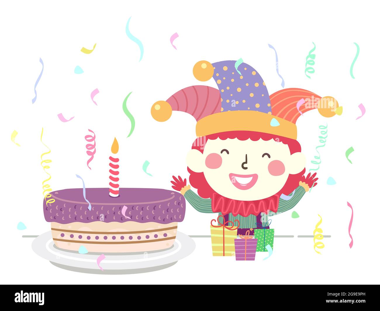 Illustration d'un clown pour garçon avec un grand gâteau et des confettis Banque D'Images