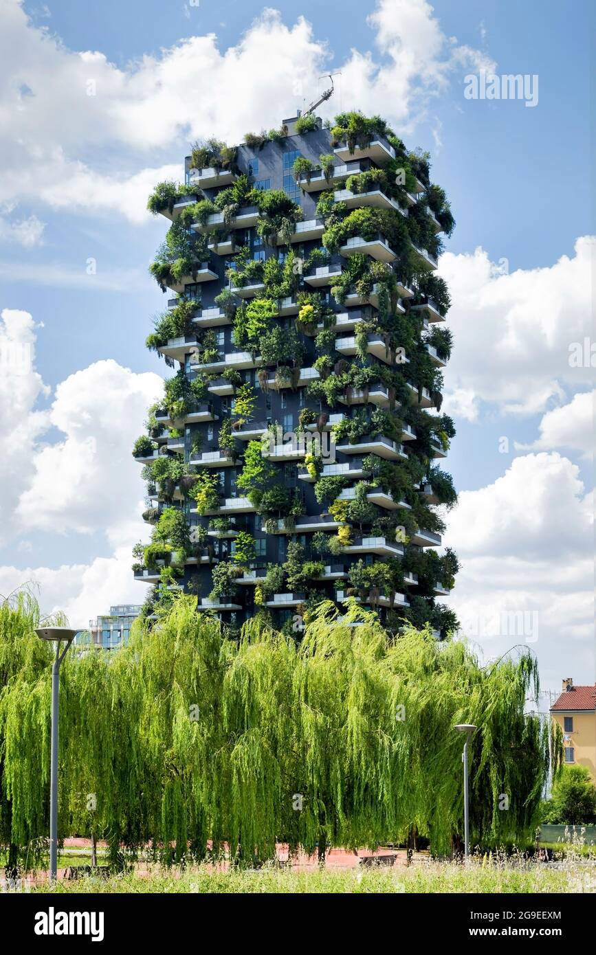 Vue sur une tour d'appartement de la Forêt verticale de Milan, Italie, dans un ciel bleu avec ses terrasses bordées d'arbres verts verdoyants dans un refo urbain ou métropolitain Banque D'Images