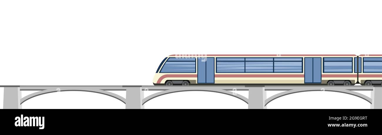 Train à grande vitesse sur le pont. Transport rapide. Chemin de fer avec locomotive. Paysage extérieur moderne. Isolé sur l'arrière-plan... Conception plate. Vecteur. Illustration de Vecteur