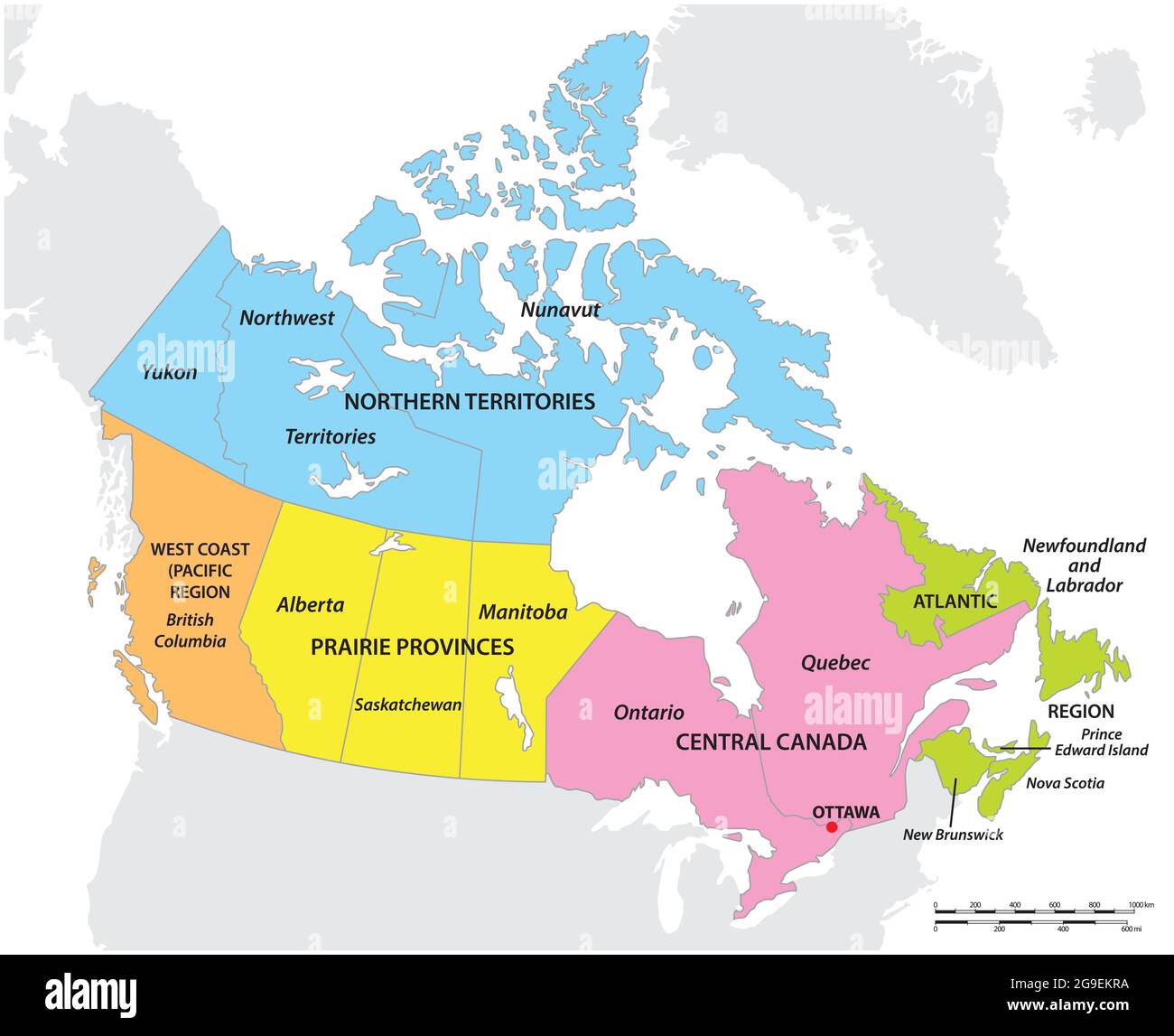 Carte vectorielle des cinq régions géographiques du Canada Illustration de Vecteur