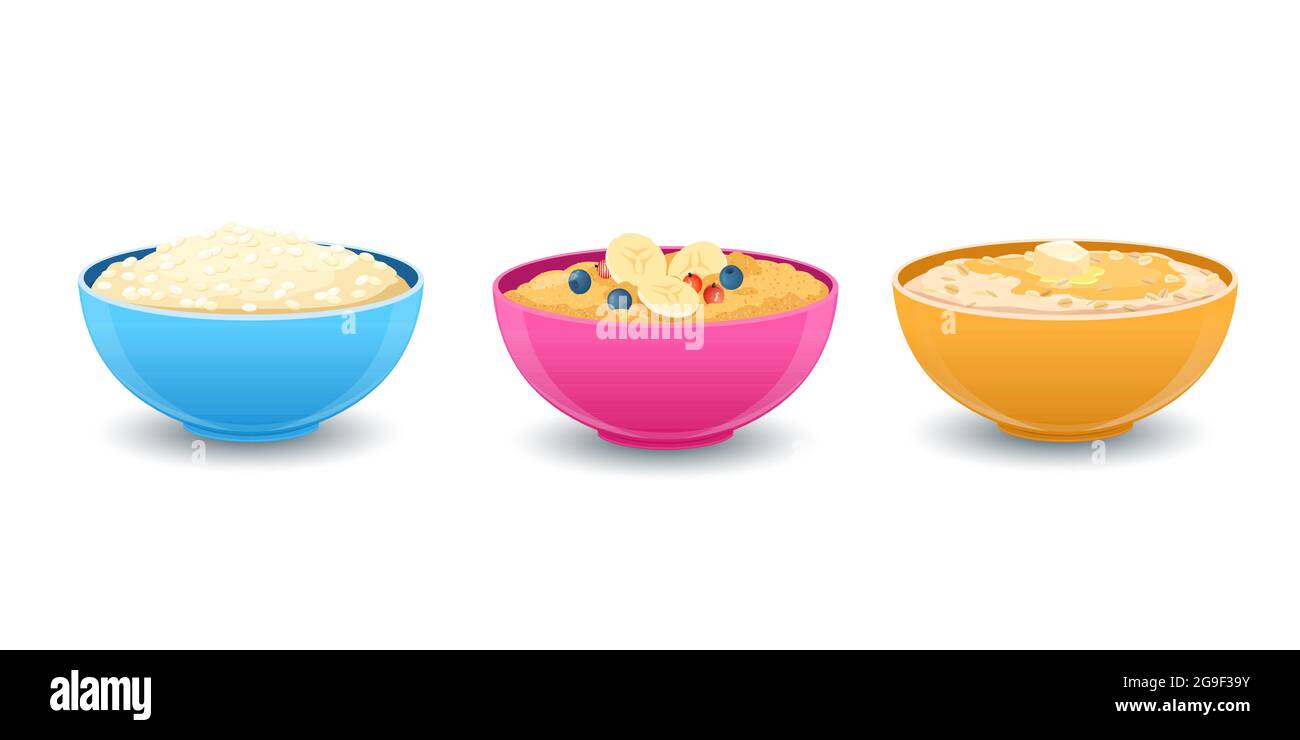 Ensemble de bols de porridge sur fond blanc Illustration de Vecteur