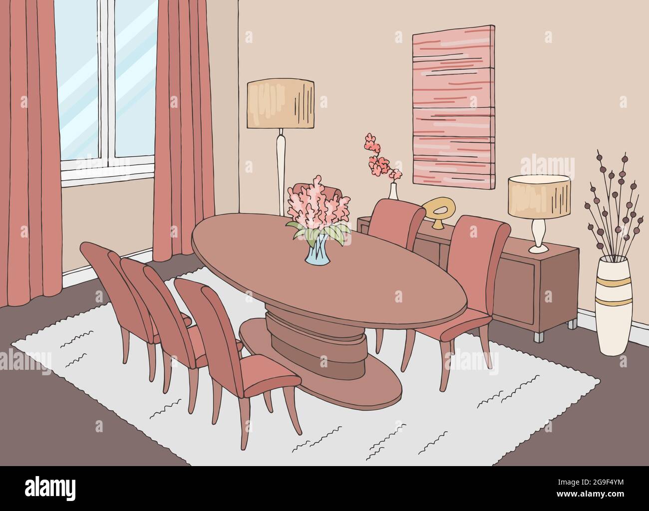 Salle à manger intérieur intérieur graphique couleur dessin illustration  vecteur Image Vectorielle Stock - Alamy