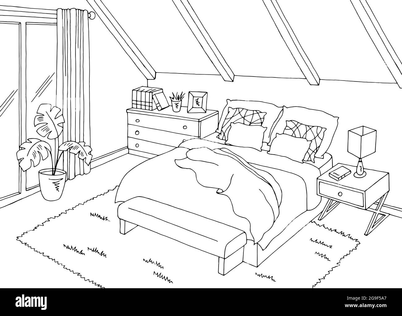 Grenier chambre noir blanc graphique maison intérieur esquisse illustration vecteur Illustration de Vecteur