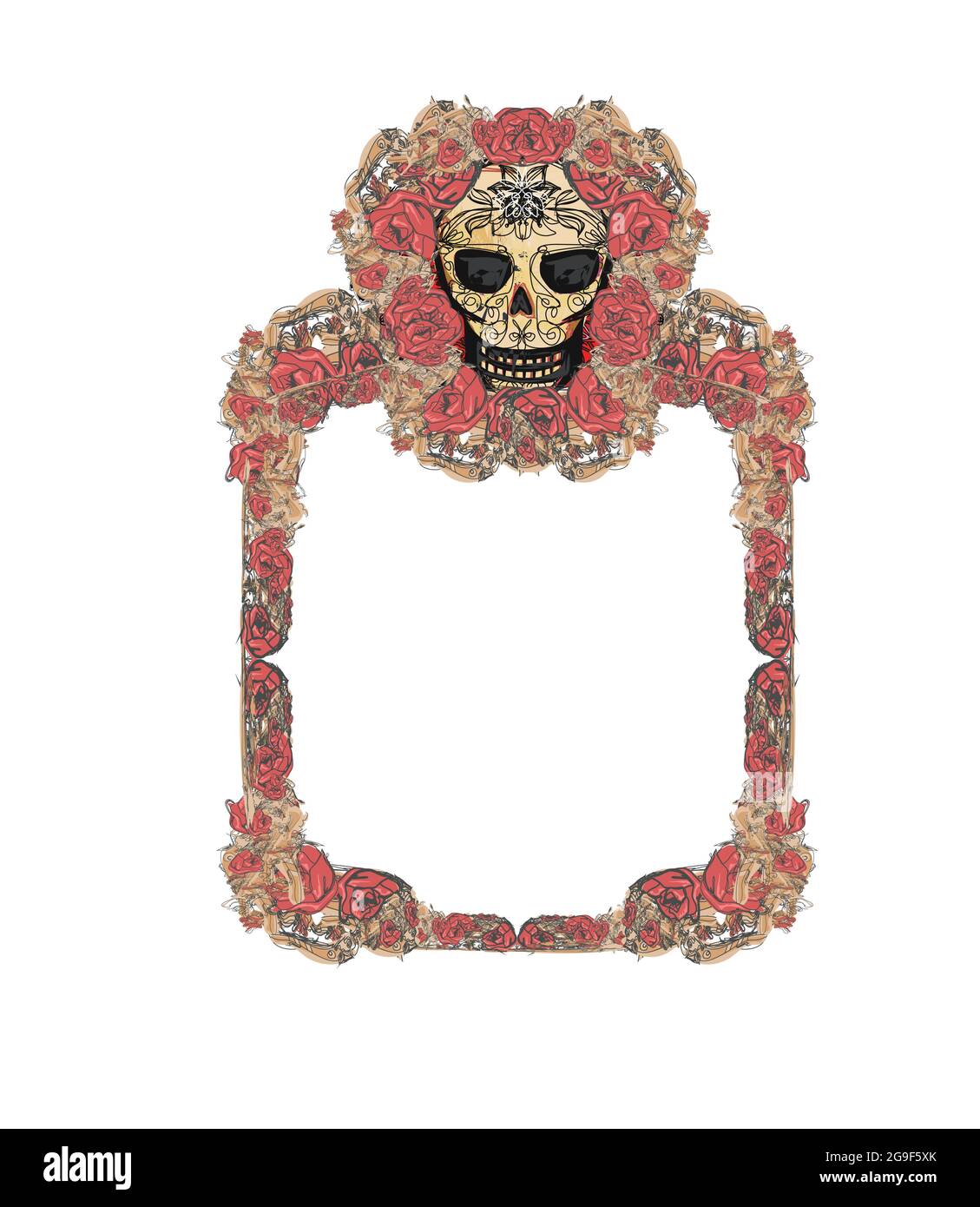 Crâne et fleurs - jour des morts, cadre d'art avec roses Illustration de Vecteur