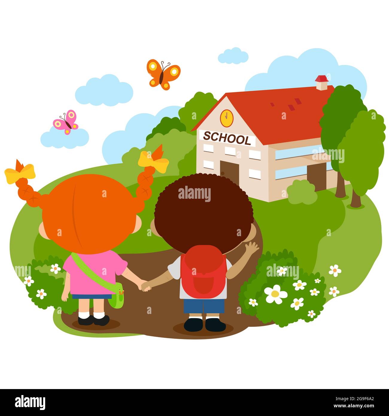 Enfants à leur école ou à leur cour d'école maternelle. Vue arrière d'une fille et d'un garçon étudiants se tenant la main à l'extérieur de leur école. Banque D'Images