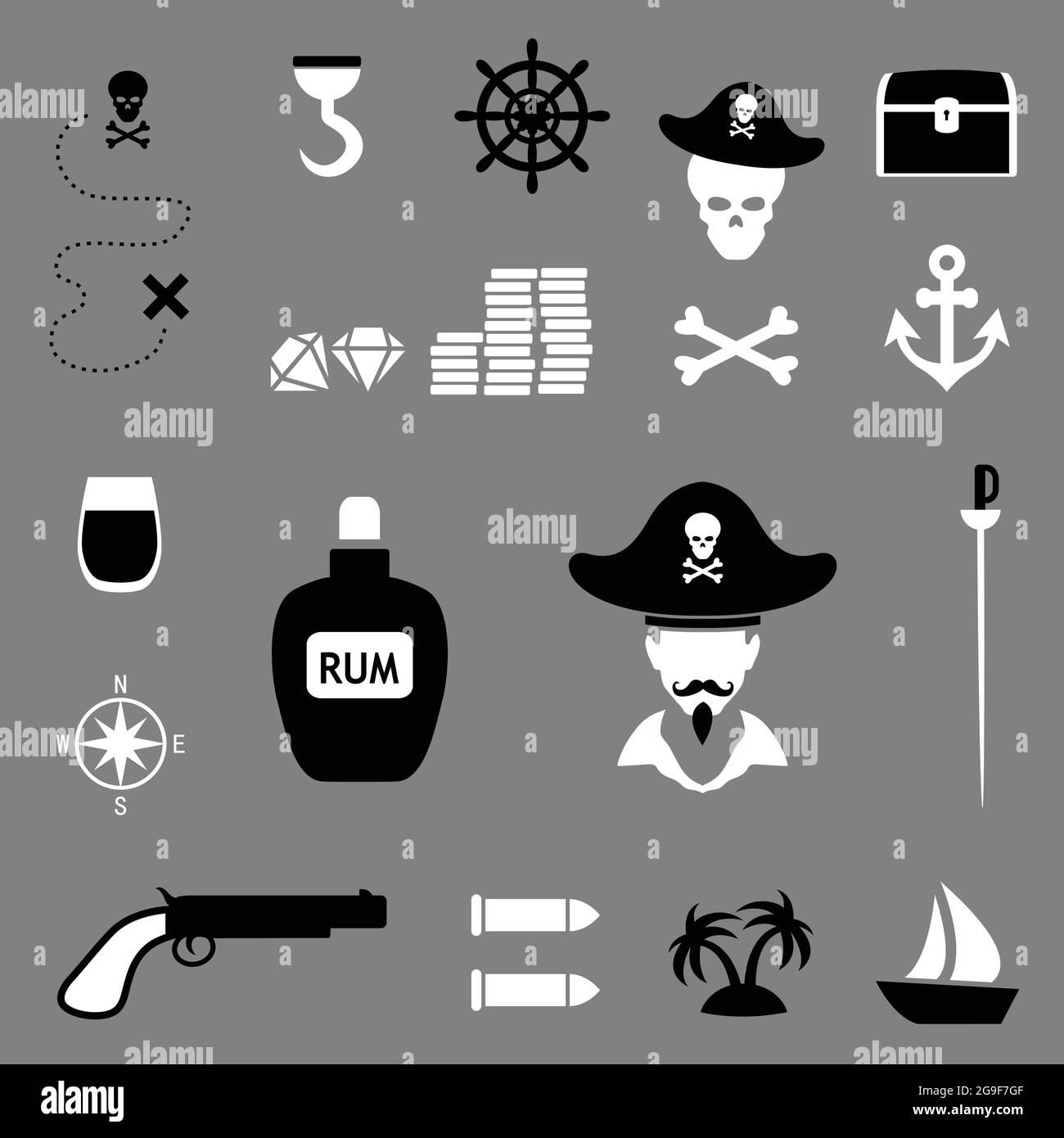 icônes de jeu de pirates vectoriels, trésor, carte, illustration du crâne Illustration de Vecteur