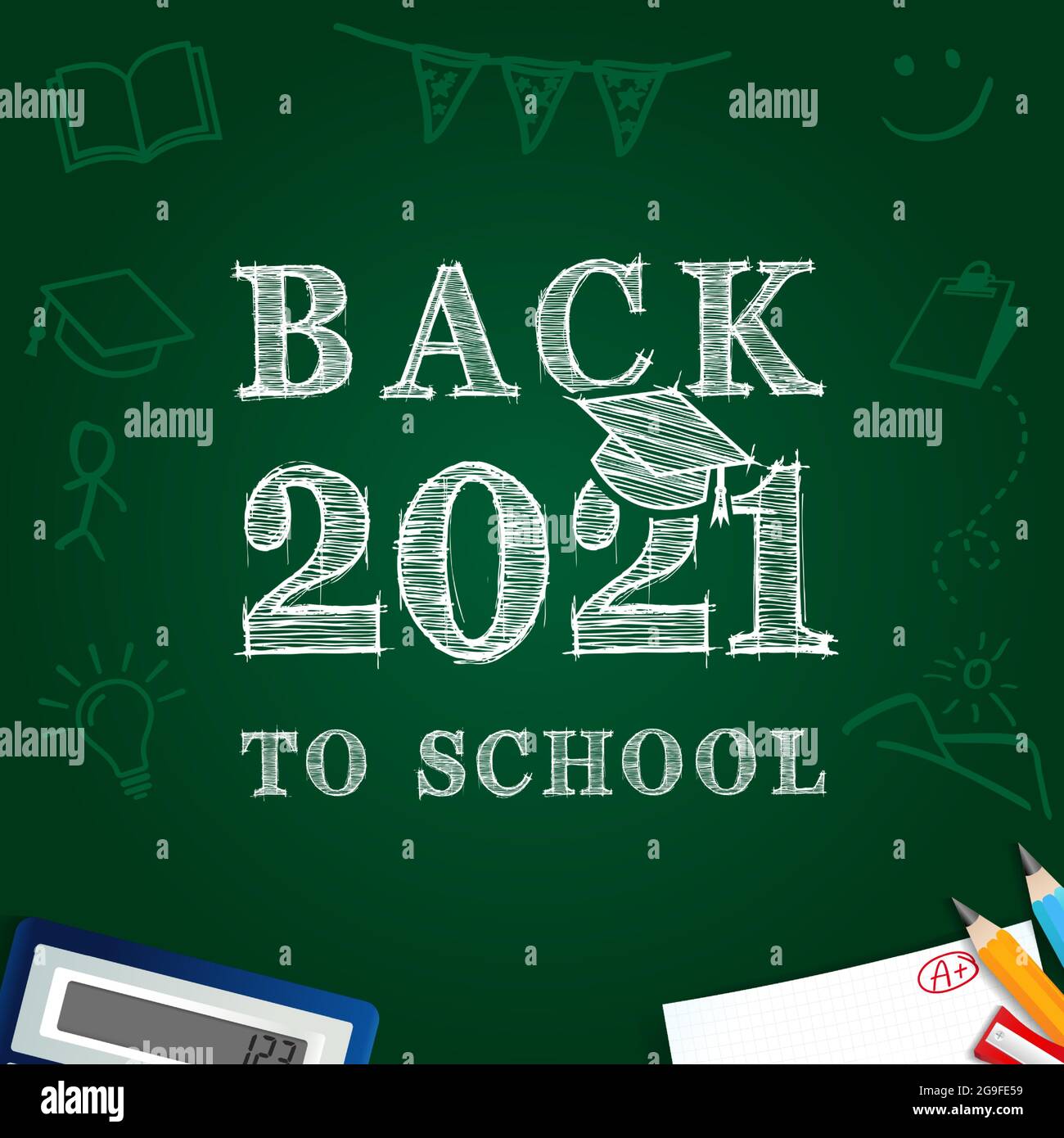 Rentrée 2021 bannière avec crayons, calculatrice, papier et craie dessinés sur tableau noir vert. Vecteur concept éducation avec texte de retour à l'école Illustration de Vecteur