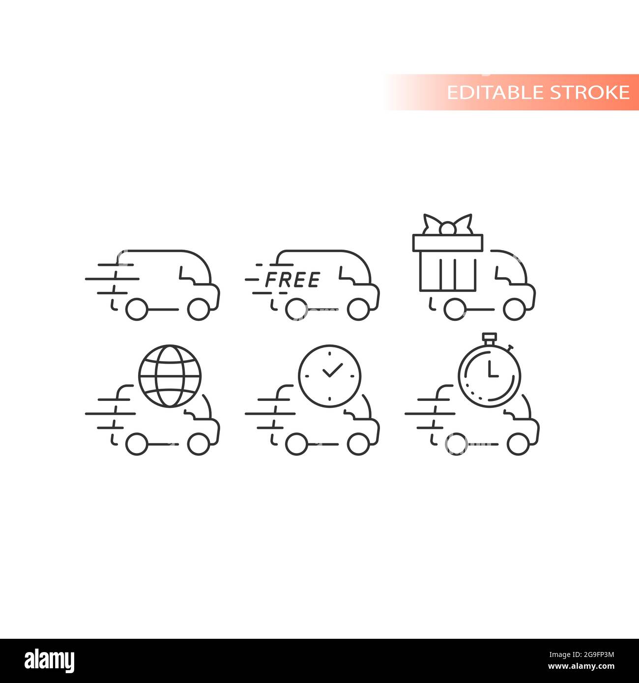 Jeu d'icônes vecteur camion de livraison ou fourgon Line. Livraison rapide, repères de vitesse, horloge et symboles d'expédition internationale. Contour, contour modifiable. Illustration de Vecteur