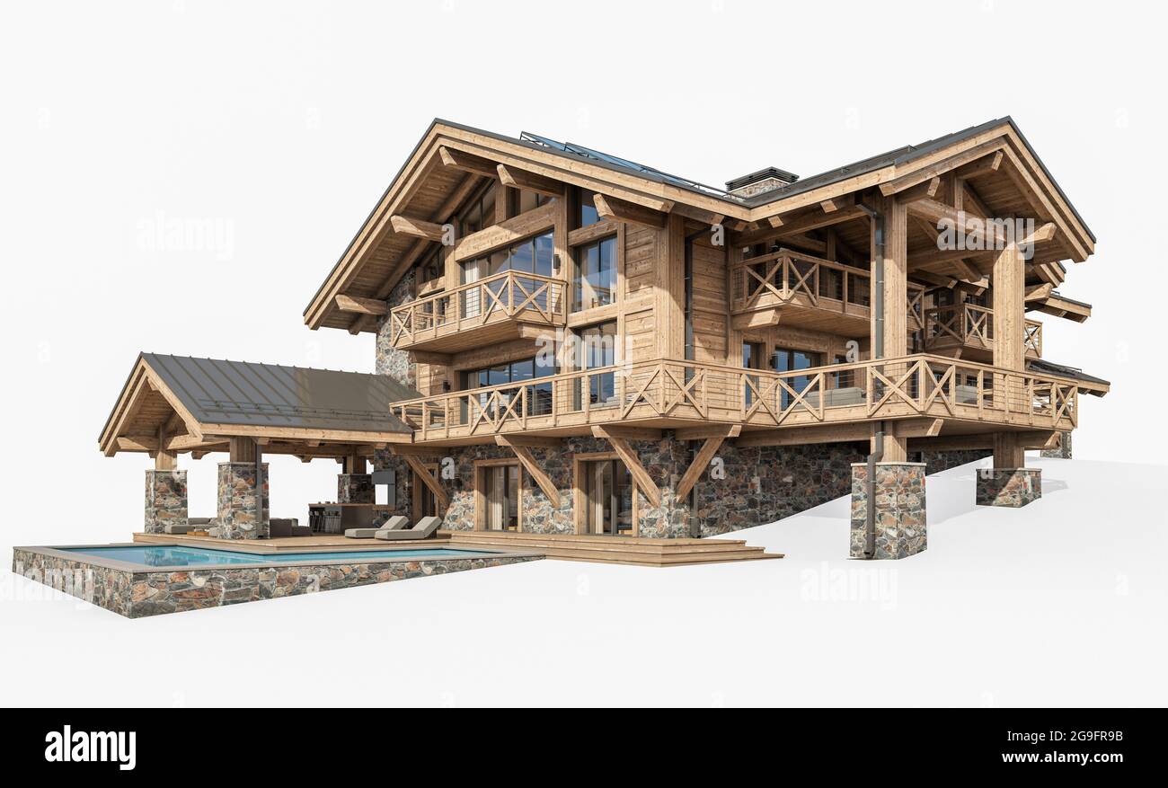réalisation en 3d d'un chalet moderne et confortable avec piscine et parking à vendre ou à louer. Colonnes à poutres en bois massives. Journée d'été claire et ensoleillée. Isolé sur blanc Banque D'Images