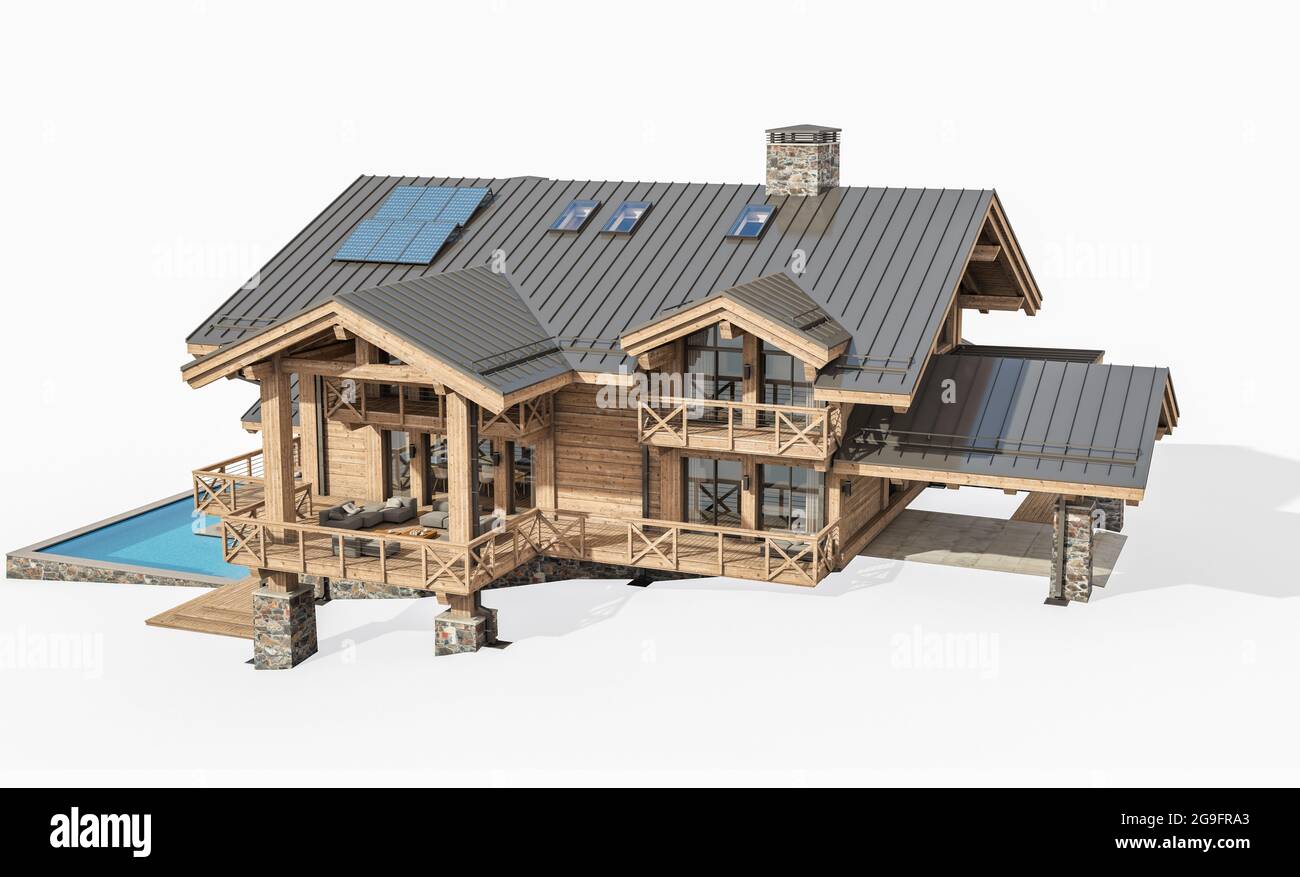 réalisation en 3d d'un chalet moderne et confortable avec piscine et parking à vendre ou à louer. Colonnes à poutres en bois massives. Journée d'été claire et ensoleillée. Isolé sur blanc Banque D'Images