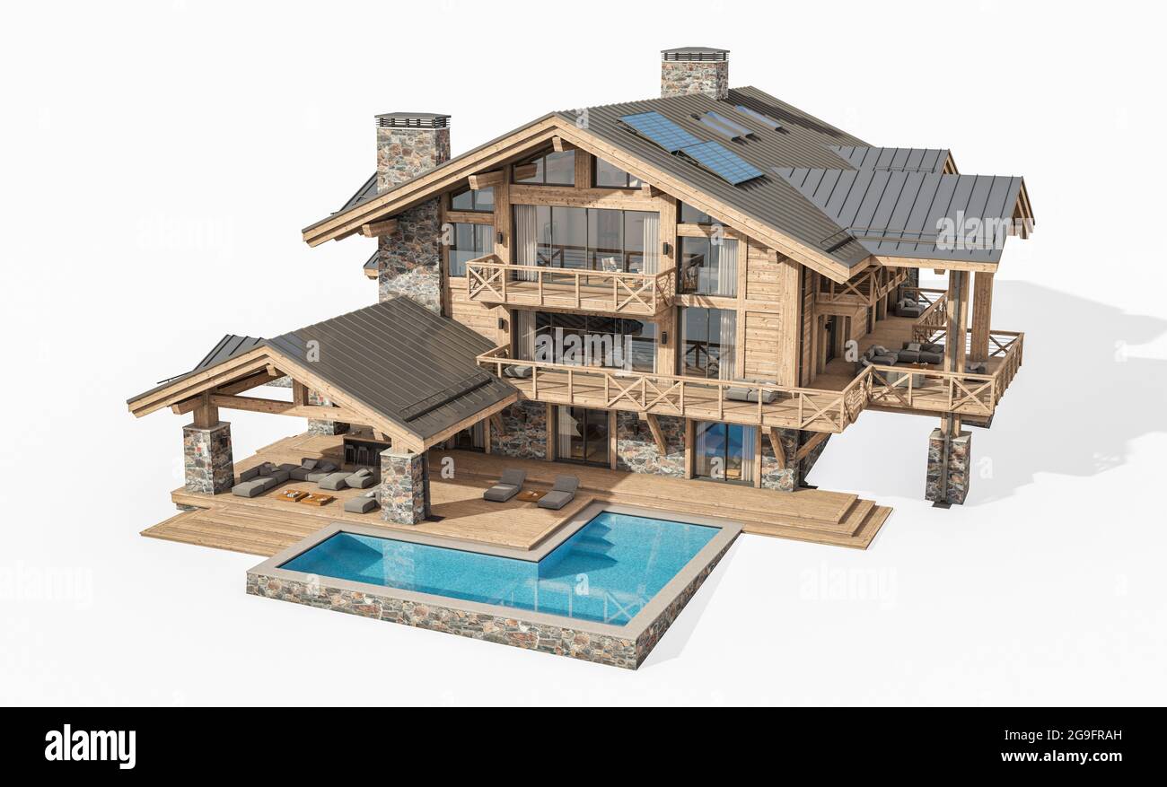réalisation en 3d d'un chalet moderne et confortable avec piscine et parking à vendre ou à louer. Colonnes à poutres en bois massives. Journée d'été claire et ensoleillée. Isolé sur blanc Banque D'Images
