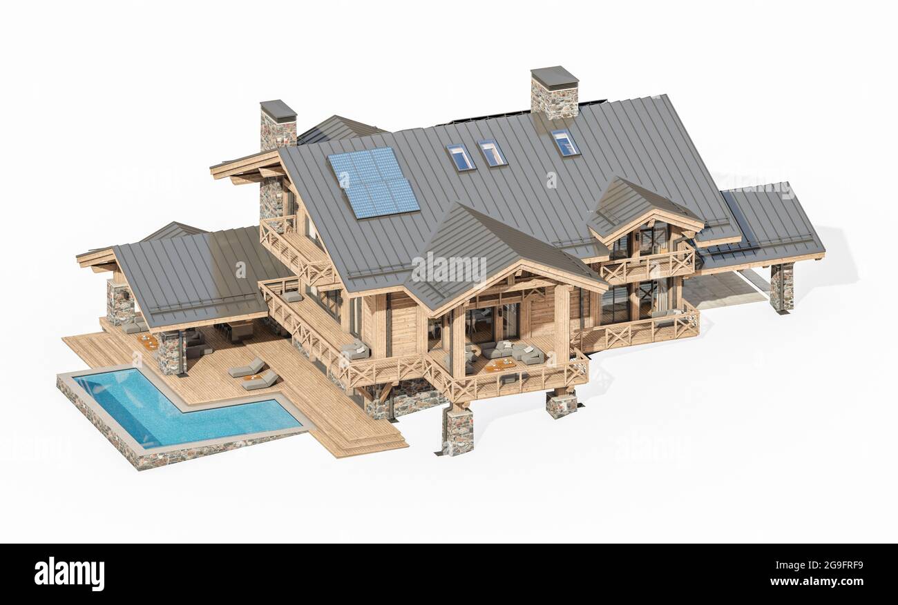 réalisation en 3d d'un chalet moderne et confortable avec piscine et parking à vendre ou à louer. Colonnes à poutres en bois massives. Journée d'été claire et ensoleillée. Isolé sur blanc Banque D'Images