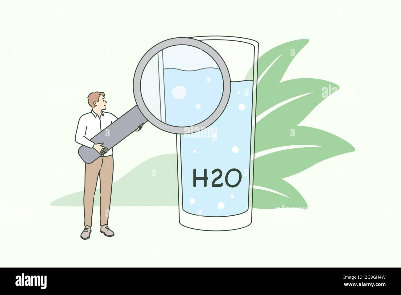 Concept d'eau potable et de style de vie clair. Petit homme debout tenant une loupe avec une verre d'eau et de formule pour une illustration de vecteur de style de vie sain Illustration de Vecteur