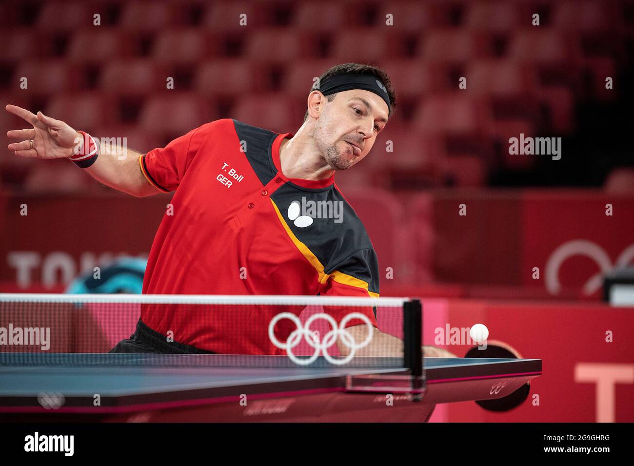 Timo BOLL (GER) en action, dans le jeu contre Kiril Gerassimenko (KAZ, pas  sur la photo); gagnant: Timo Boll; tennis de table, célibataires, hommes le  26 juillet 2021; Jeux Olympiques d'été 2020,