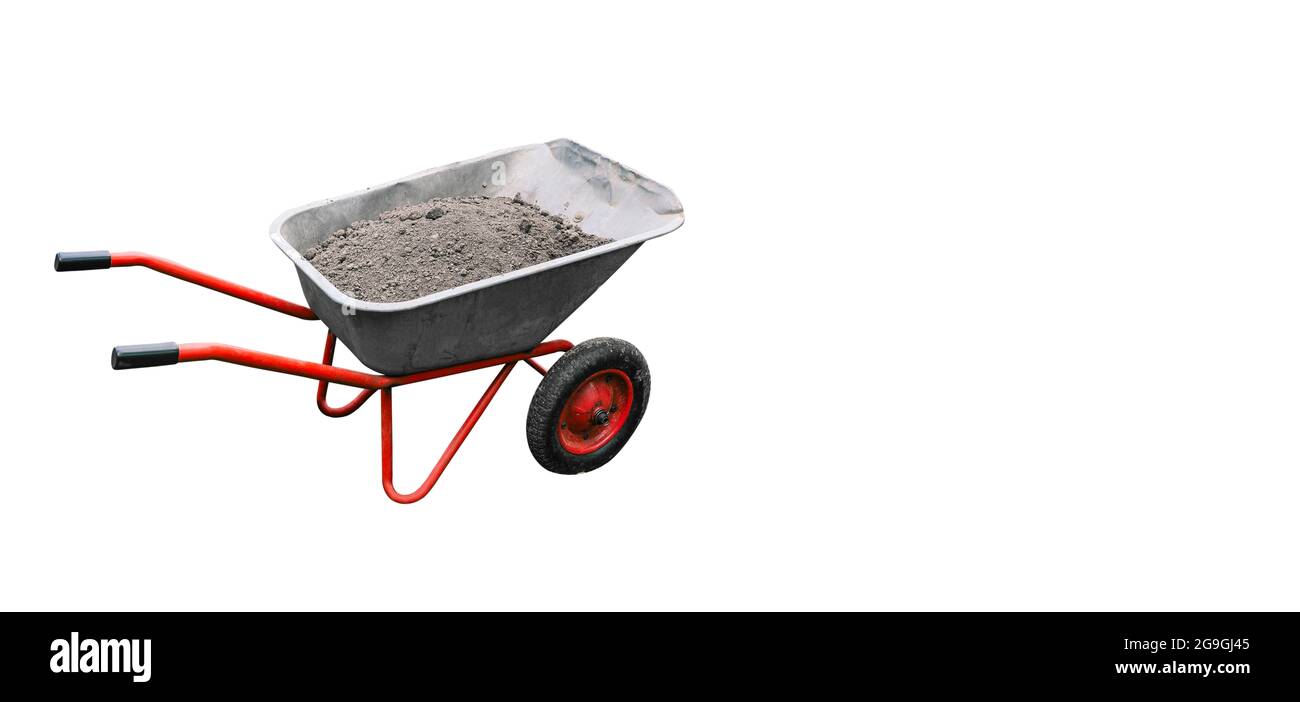 Chariot de construction isolé sur blanc avec espace de copie. Le concept de construction, de réparation et de travail sur un terrain de jardin Banque D'Images