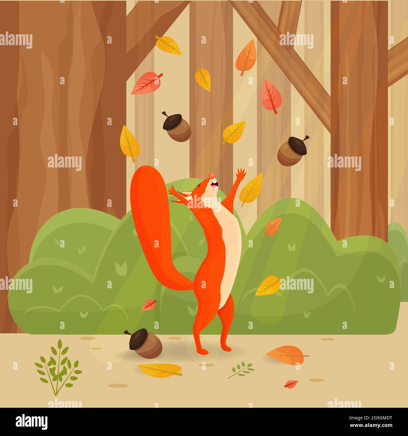 Joyeux dessin animé, écureuil comique avec feuilles d'automne dans les paysages de forêt, paysage, arrière-plan coloré et illustration de vecteur de stock lumineux. Illustration vectorielle Illustration de Vecteur